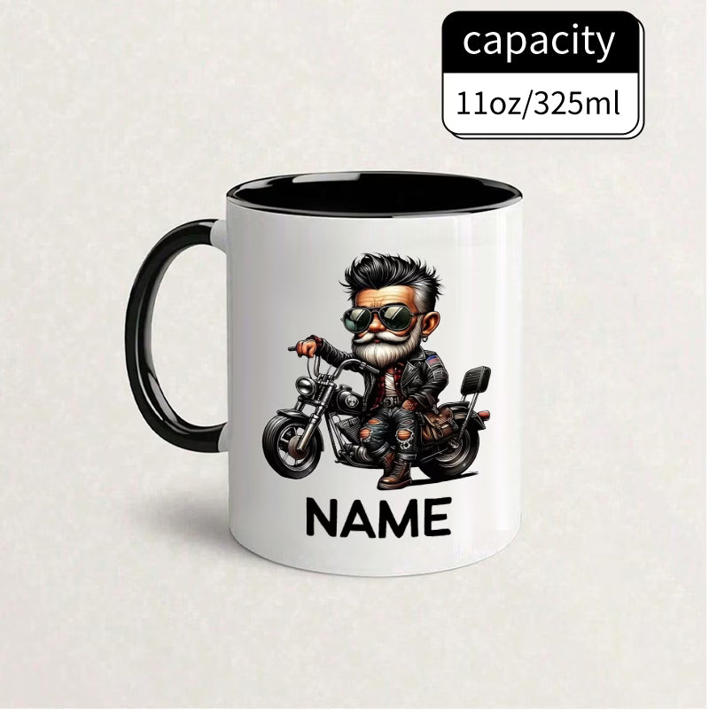 Personalized "Cool Biker Guy" Cartoon Motorcycle Ceramic Coffee Mug – Custom Name Biker Novelty Cup with Red Accent (M1092)