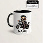 Personalized "Cool Biker Guy" Cartoon Motorcycle Ceramic Coffee Mug – Custom Name Biker Novelty Cup with Red Accent (M1092)