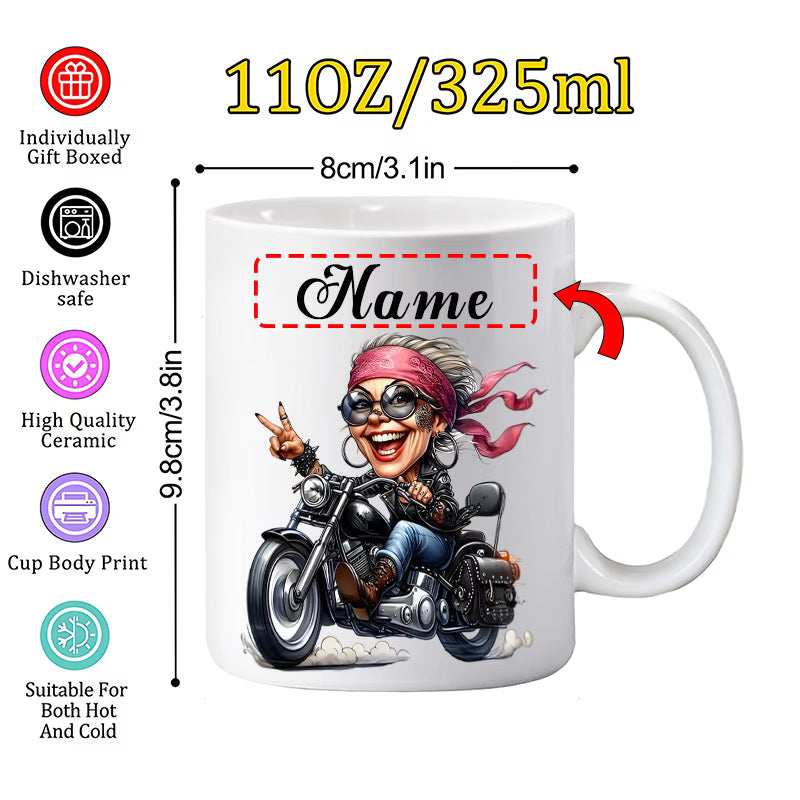 Fun "Cool Lady Biker" Cartoon Motorcycle Ceramic Coffee Mug – Female Biker & Rider Novelty Cup (M1093)