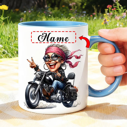 Fun "Cool Lady Biker" Cartoon Motorcycle Ceramic Coffee Mug – Female Biker & Rider Novelty Cup (M1093)