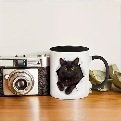 Cute "Black Cat Peeking" Ceramic Coffee Mug – 3D Illusion Kitty & Cat Lover Novelty Cup with Black Accent (M1122)