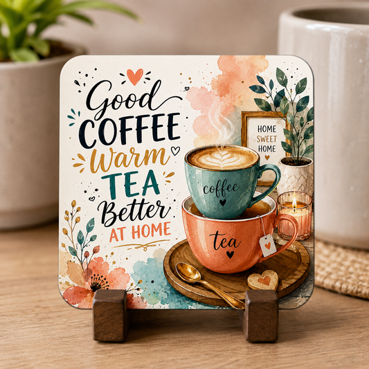 Decorative Coaster "Good Coffee Warm Tea Better At Home" Ceramic Square Coaster â€“ Cozy Home Drinkware Accessory (C1001)