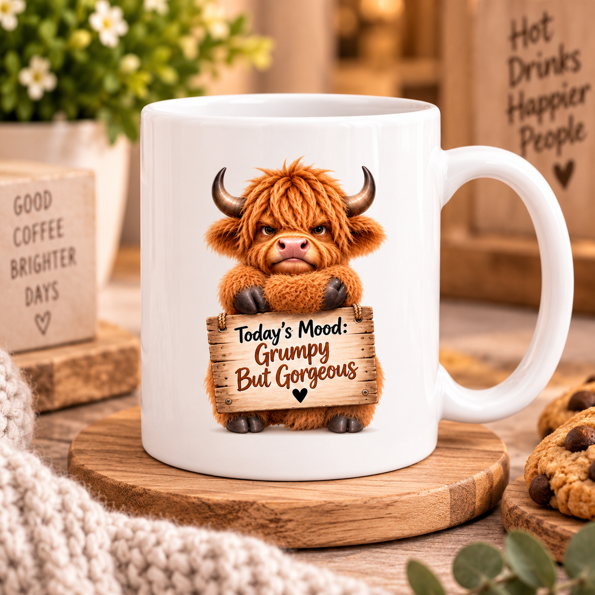 Grumpy Mug But Gorgeous Highland Cow Ceramic Coffee Mug – Funny Sassy Farm Animal Wooden Sign Quote Tea Cup Gift 350ml | Available in Multicolours | Fast Dispatch by UK Seller (M1227)