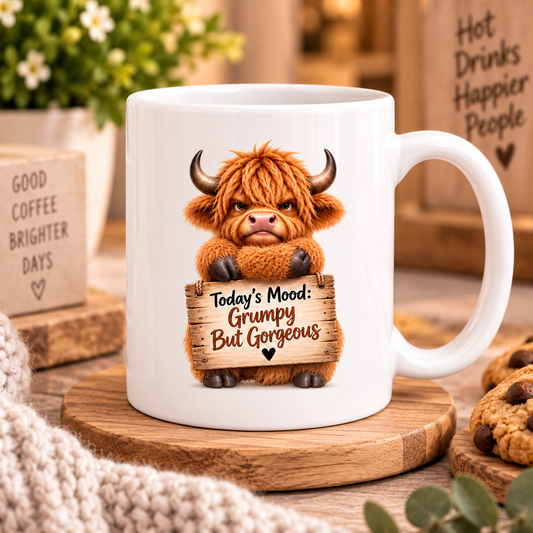 Grumpy Mug But Gorgeous Highland Cow Ceramic Coffee Mug – Funny Sassy Farm Animal Wooden Sign Quote Tea Cup Gift 350ml | Available in Multicolours | Fast Dispatch by UK Seller (M1227)