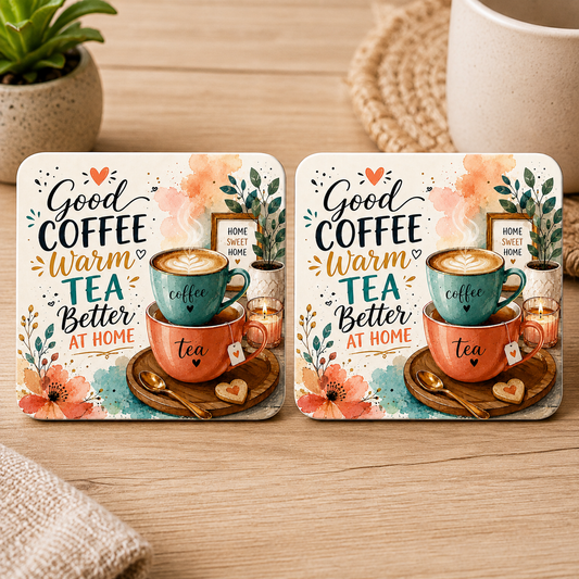 "Good Coffee Warm Tea Better At Home" Set of 2 Decorative Ceramic Square Coaster – Cozy Home Drinkware Accessory (C1001)