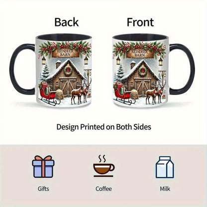 Festive "Reindeer Barn" Christmas Ceramic Coffee Mug – Winter Holiday Scene, Santa's Reindeer & Cozy Novelty Cup with Black Accent (M1147)