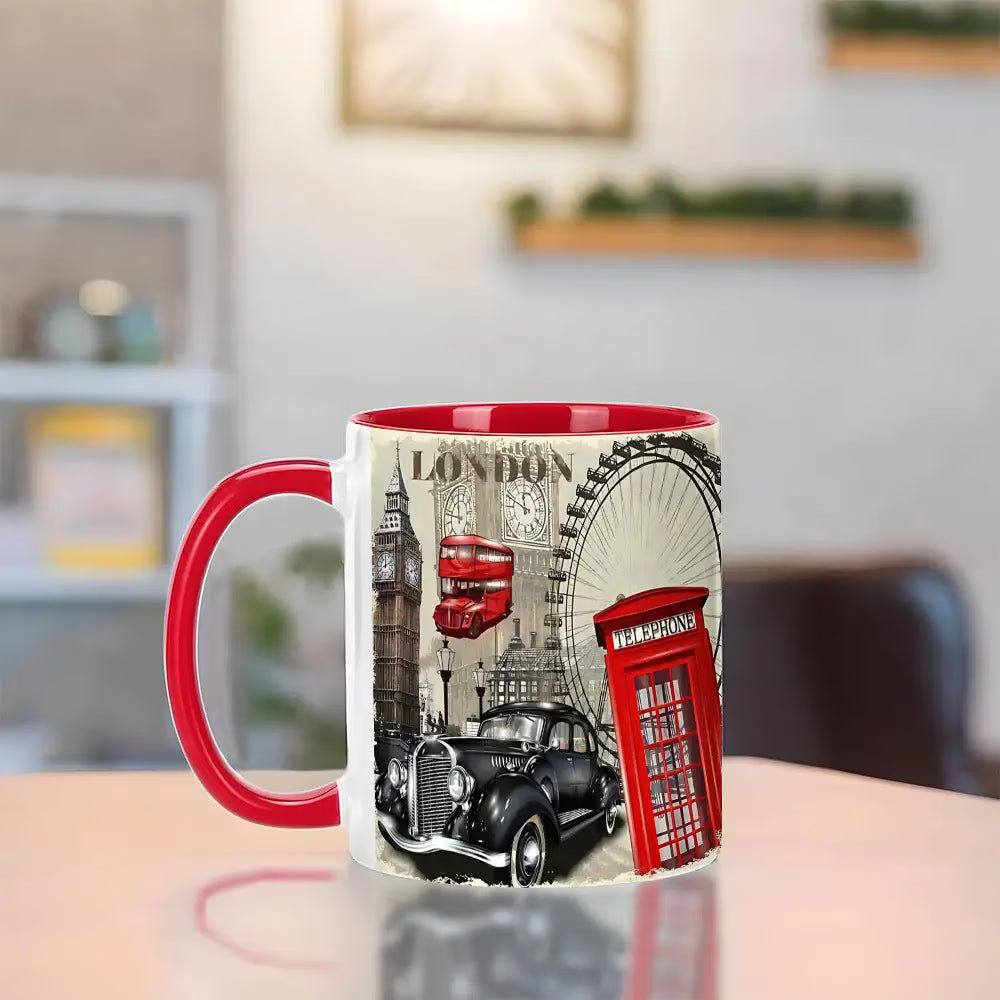 Personalized "Classic London Icons & Vintage Montage" Ceramic Coffee Mug – Red Rim & Handle, Big Ben, Red Telephone Box & British Souvenir Novelty Cup (M1192)