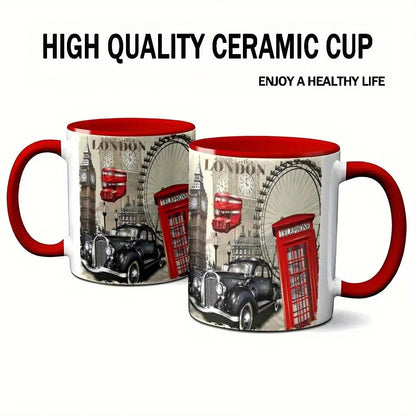 Personalized "Classic London Icons & Vintage Montage" Ceramic Coffee Mug – Red Rim & Handle, Big Ben, Red Telephone Box & British Souvenir Novelty Cup (M1192)