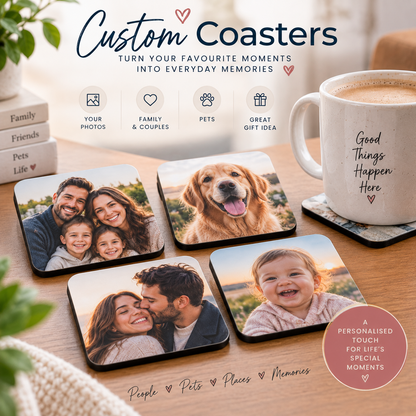 Personalised Square Coaster "Your Photo / Design Here" Custom Photo 9x9cm Hardboard Drinks Mat â€“ High Gloss Coffee & Tea Coaster with Non-Slip Backing Gift | Available in Multipacks | Fast Dispatch by UK Seller (C1001)