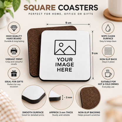 Personalised Square Coaster "Your Photo / Design Here" Custom Photo 9x9cm Hardboard Drinks Mat â€“ High Gloss Coffee & Tea Coaster with Non-Slip Backing Gift | Available in Multipacks | Fast Dispatch by UK Seller (C1001)