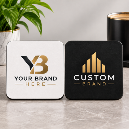 Personalised Corporate Square Coaster "Your Logo Here" Custom Business Branding 9x9cm Hardboard Drinks Mat Professional Office Desk Coaster & Client Gift | Available in Multipacks | Fast Dispatch by UK Seller (C1002)