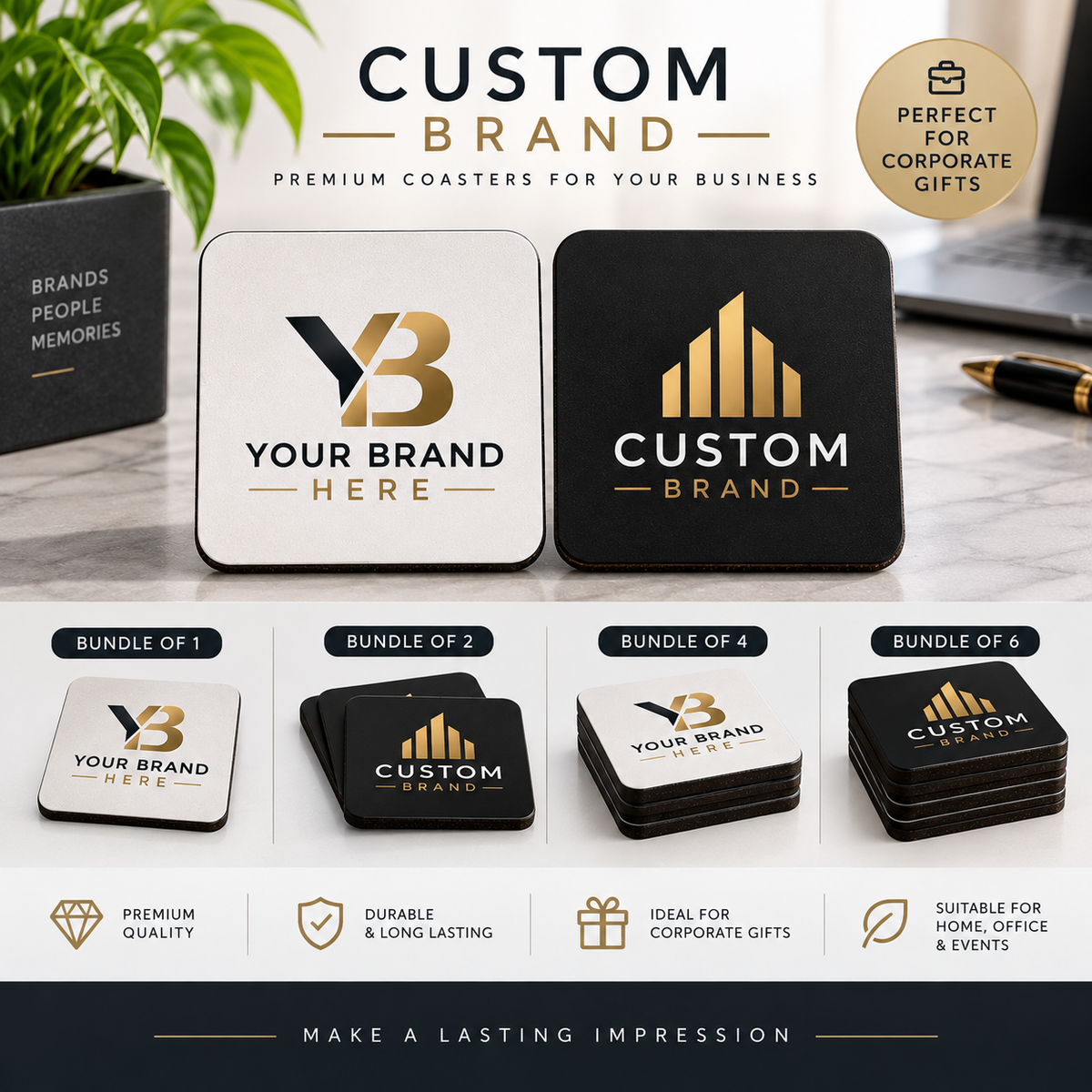 Personalised Corporate Square Coaster "Your Logo Here" Custom Business Branding 9x9cm Hardboard Drinks Mat Professional Office Desk Coaster & Client Gift | Available in Multipacks | Fast Dispatch by UK Seller (C1002)
