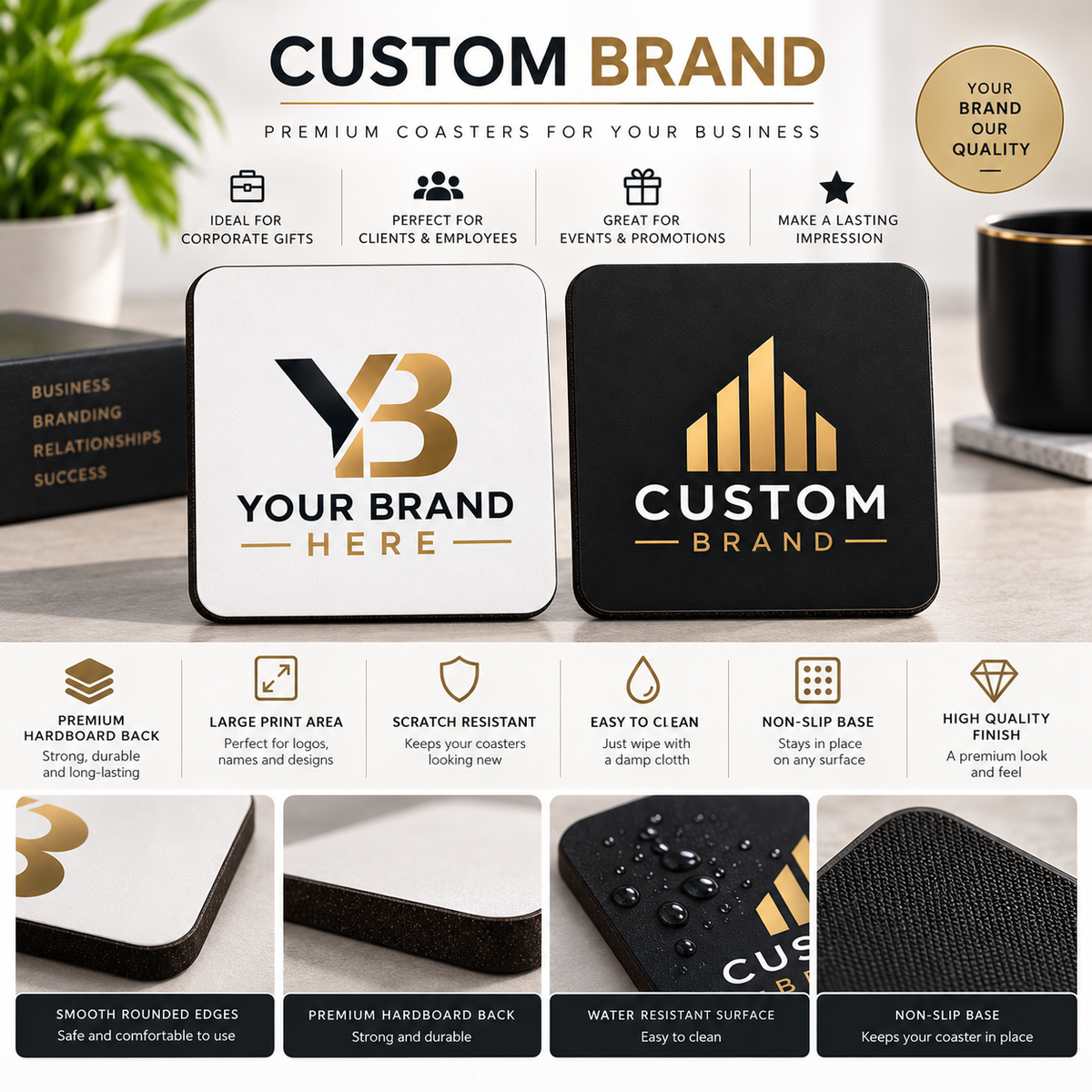 Personalised Corporate Square Coaster "Your Logo Here" Custom Business Branding 9x9cm Hardboard Drinks Mat Professional Office Desk Coaster & Client Gift | Available in Multipacks | Fast Dispatch by UK Seller (C1002)