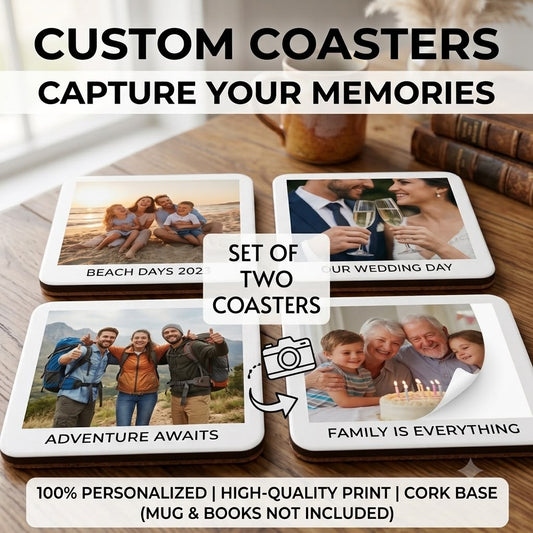 Personalised Premium Set of 2 Coasters. Customised with Any Text, Image or Logo (C1001)