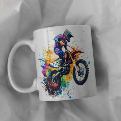 Dynamic "Colorful Motocross Splash" Art Ceramic Coffee Mug – Extreme Dirt Bike & Off-Road Rider Novelty Cup (M1094)
