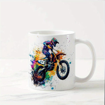 Dynamic "Colorful Motocross Splash" Art Ceramic Coffee Mug – Extreme Dirt Bike & Off-Road Rider Novelty Cup (M1094)
