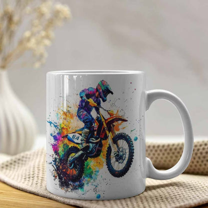 Dynamic "Colorful Motocross Splash" Art Ceramic Coffee Mug – Extreme Dirt Bike & Off-Road Rider Novelty Cup (M1094)