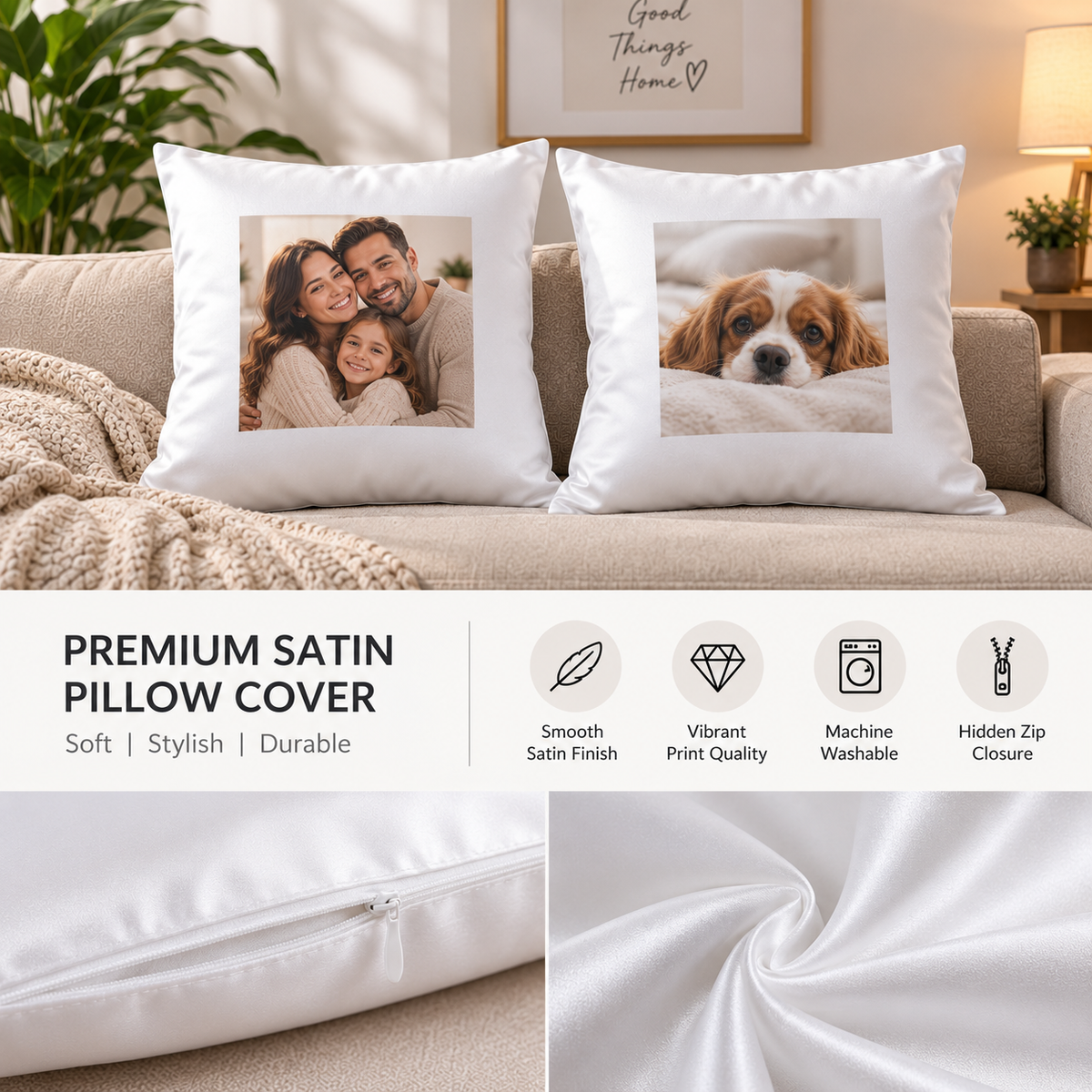 Personalised Photo Cushion Cover "Your Photo Here" Custom Picture Satin Pillow Case Soft Silky Throw Cushion with Hidden Zip Closure & Vibrant Print Gift | Cover Only or With Cushion Insert | Fast Dispatch by UK Seller (CS1001)