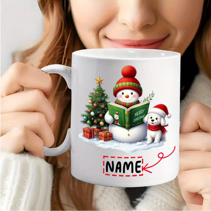 Personalized "Snowman & Puppy Reading 'Merry Christmas'" Ceramic Coffee Mug – Custom Name Festive Holiday & Winter Dog Lover Novelty Cup (M1148)
