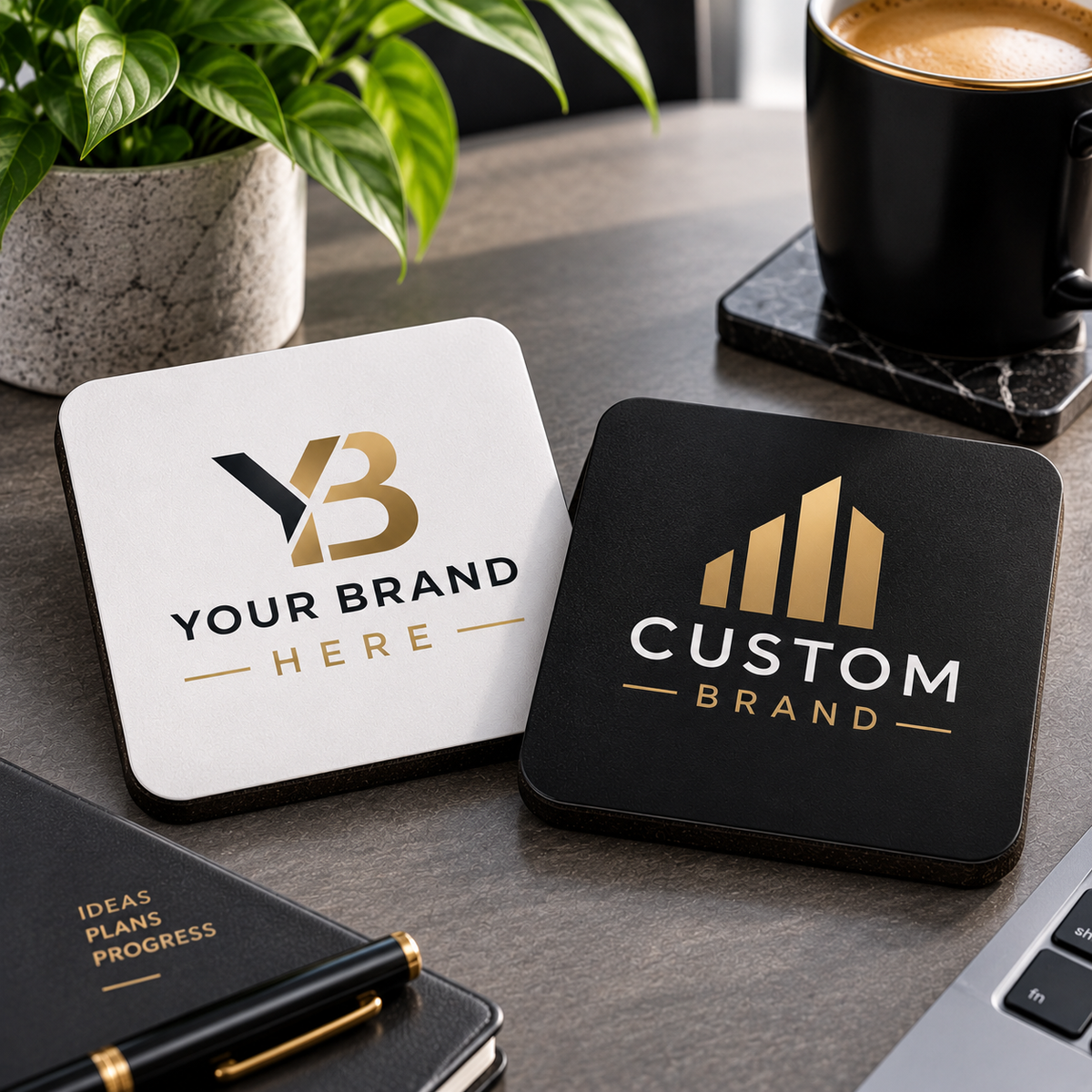 Personalised Corporate Square Coaster "Your Logo Here" Custom Business Branding 9x9cm Hardboard Drinks Mat Professional Office Desk Coaster & Client Gift | Available in Multipacks | Fast Dispatch by UK Seller (C1002)