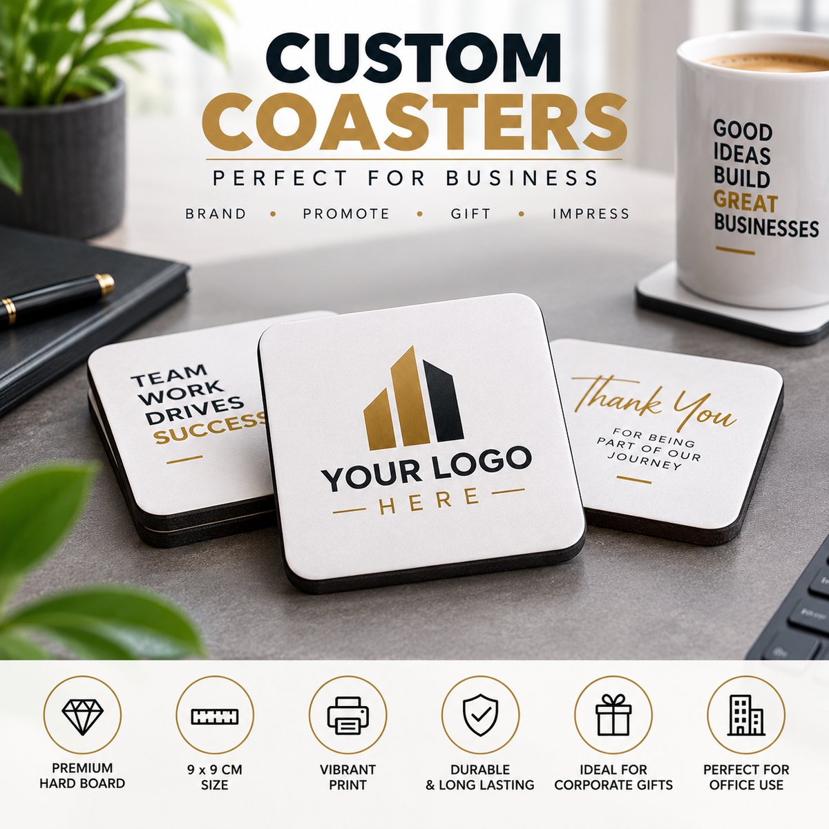 Personalised Corporate Square Coaster "Your Logo Here" Custom Business Branding 9x9cm Hardboard Drinks Mat Professional Office Desk Coaster & Client Gift | Available in Multipacks | Fast Dispatch by UK Seller (C1002)