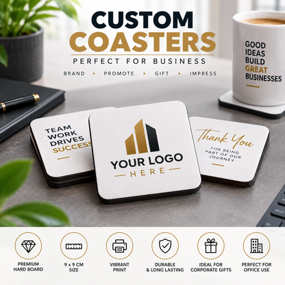 Personalised Corporate Square Coaster "Your Logo Here" Custom Business Branding 9x9cm Hardboard Drinks Mat Professional Office Desk Coaster & Client Gift | Available in Multipacks | Fast Dispatch by UK Seller (C1002)