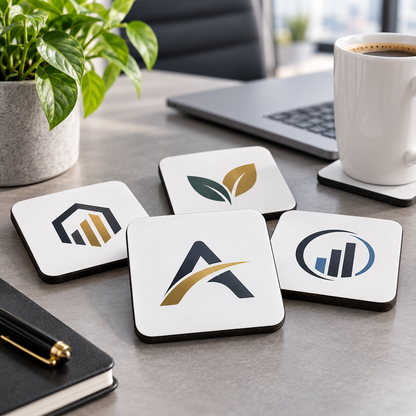 Personalised Corporate Square Coaster "Your Logo Here" Custom Business Branding 9x9cm Hardboard Drinks Mat Professional Office Desk Coaster & Client Gift | Available in Multipacks | Fast Dispatch by UK Seller (C1002)