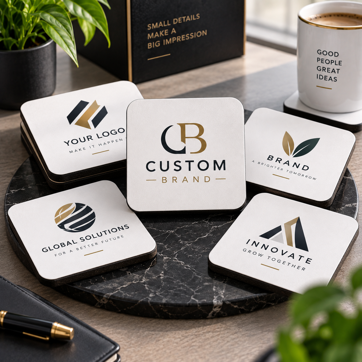 Personalised Corporate Square Coaster "Your Logo Here" Custom Business Branding 9x9cm Hardboard Drinks Mat Professional Office Desk Coaster & Client Gift | Available in Multipacks | Fast Dispatch by UK Seller (C1002)