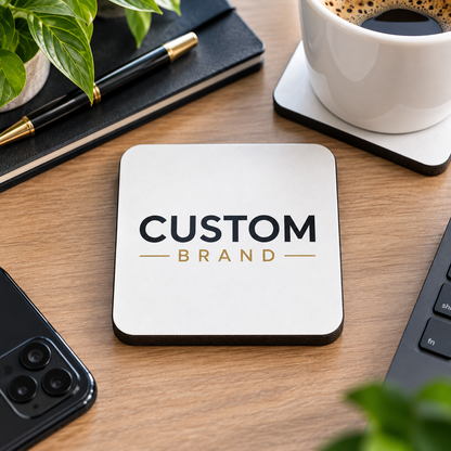 Personalised Corporate Square Coaster "Your Logo Here" Custom Business Branding 9x9cm Hardboard Drinks Mat Professional Office Desk Coaster & Client Gift | Available in Multipacks | Fast Dispatch by UK Seller (C1002)