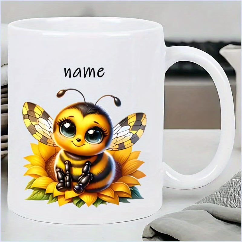 Personalized "Cute Baby Bee on Sunflower" Ceramic Coffee Mug – Custom Name Sweet Honeybee & Nature Lover Novelty Cup (M1142)