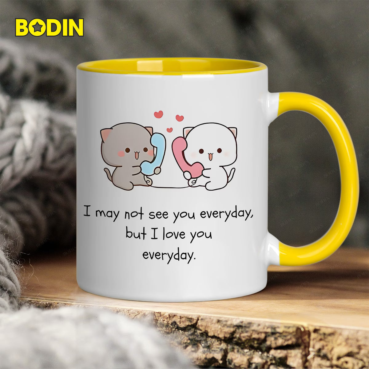 Personalized "Cute Cats Talking on Phone" Ceramic Coffee Mug – Long Distance Relationship Quote, Peach & Goma Cats & Romantic Novelty Cup (M1179)