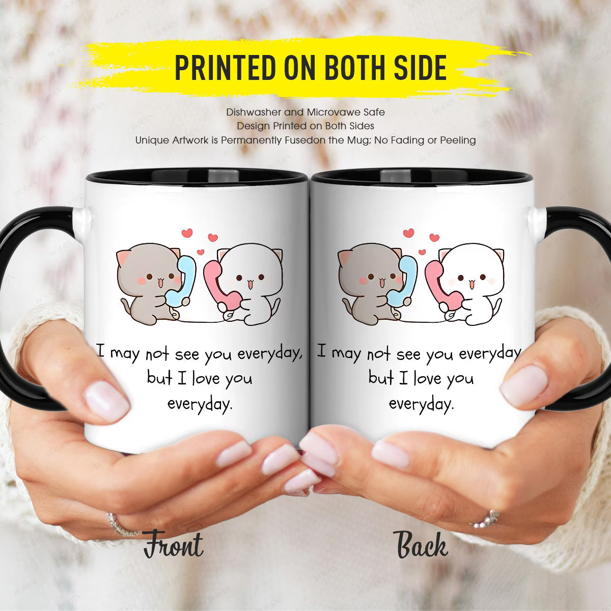 Personalized "Cute Cats Talking on Phone" Ceramic Coffee Mug – Long Distance Relationship Quote, Peach & Goma Cats & Romantic Novelty Cup (M1179)