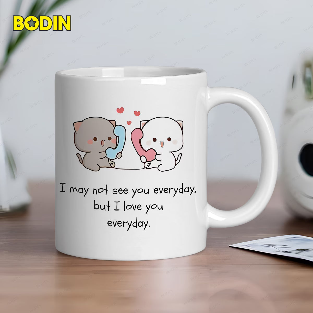 Personalized "Cute Cats Talking on Phone" Ceramic Coffee Mug – Long Distance Relationship Quote, Peach & Goma Cats & Romantic Novelty Cup (M1179)