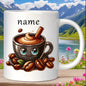 Personalized "Cute Coffee Cup with Beans" Ceramic Coffee Mug – Custom Name Coffee Lover, Cute Cartoon Character & Cafe Novelty Cup (M1166)