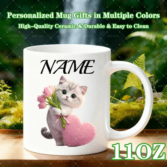 Personalized "Cute Kitten with Tulips & Pink Heart" Ceramic Coffee Mug – Custom Name Cat Lover, Cute Animal & Spring Floral Novelty Cup (M1168)