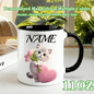 Personalized "Cute Kitten with Tulips & Pink Heart" Ceramic Coffee Mug – Custom Name Cat Lover, Cute Animal & Spring Floral Novelty Cup (M1168)