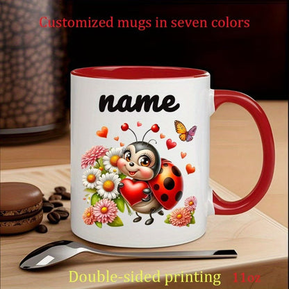Personalized "Cute Ladybug & Floral" Ceramic Coffee Mug – Custom Name Spring Flower, Heart & Cute Insect Novelty Cup (M1164)