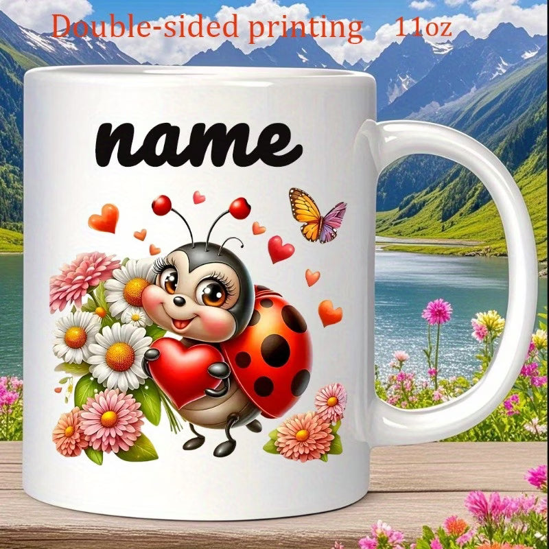 Personalized "Cute Ladybug & Floral" Ceramic Coffee Mug – Custom Name Spring Flower, Heart & Cute Insect Novelty Cup (M1164)