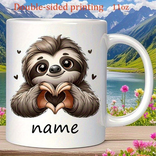 Personalized "Cute Sloth Making Heart Hands" Ceramic Coffee Mug – Custom Name Adorable Animal, Valentine's Day & Love Novelty Cup (M1190)