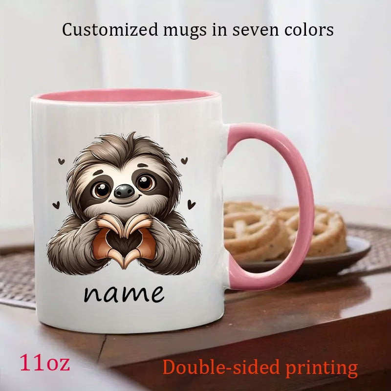 Personalized "Cute Sloth Making Heart Hands" Ceramic Coffee Mug – Custom Name Adorable Animal, Valentine's Day & Love Novelty Cup (M1190)