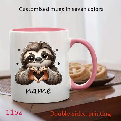 Personalized "Cute Sloth Making Heart Hands" Ceramic Coffee Mug – Custom Name Adorable Animal, Valentine's Day & Love Novelty Cup (M1190)