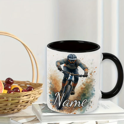 Personalized "Mountain Biker Splash" Ceramic Coffee Mug – Custom Name MTB & Downhill Cycling Novelty Cup (M1095)