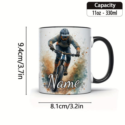 Personalized "Mountain Biker Splash" Ceramic Coffee Mug – Custom Name MTB & Downhill Cycling Novelty Cup (M1095)
