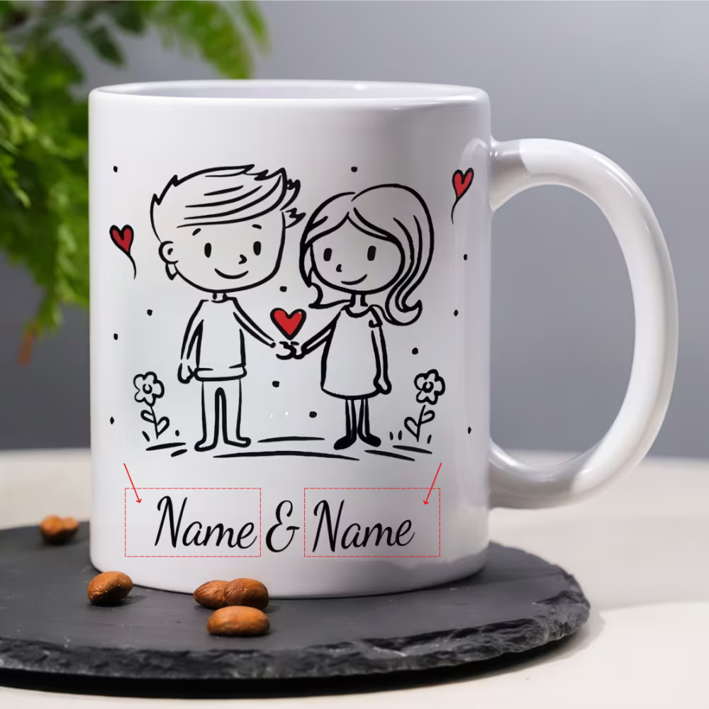 Personalized "Doodle Couple Holding Hands" Ceramic Coffee Mug – Custom Names Romantic Couple & Valentine's Day Novelty Cup (M1157)