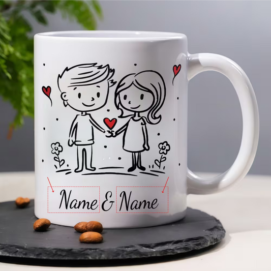Personalized "Doodle Couple Holding Hands" Ceramic Coffee Mug – Custom Names Romantic Couple & Valentine's Day Novelty Cup (M1157)