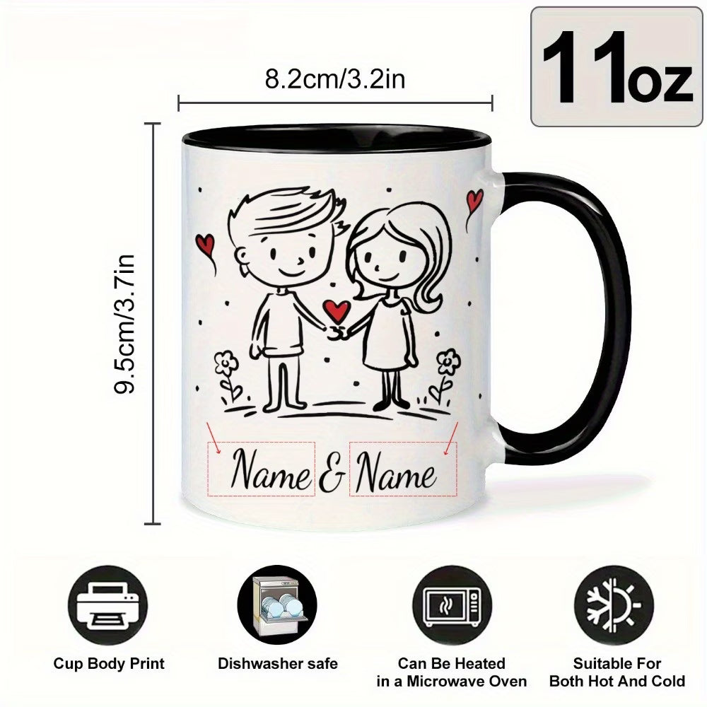 Personalized "Doodle Couple Holding Hands" Ceramic Coffee Mug – Custom Names Romantic Couple & Valentine's Day Novelty Cup (M1157)