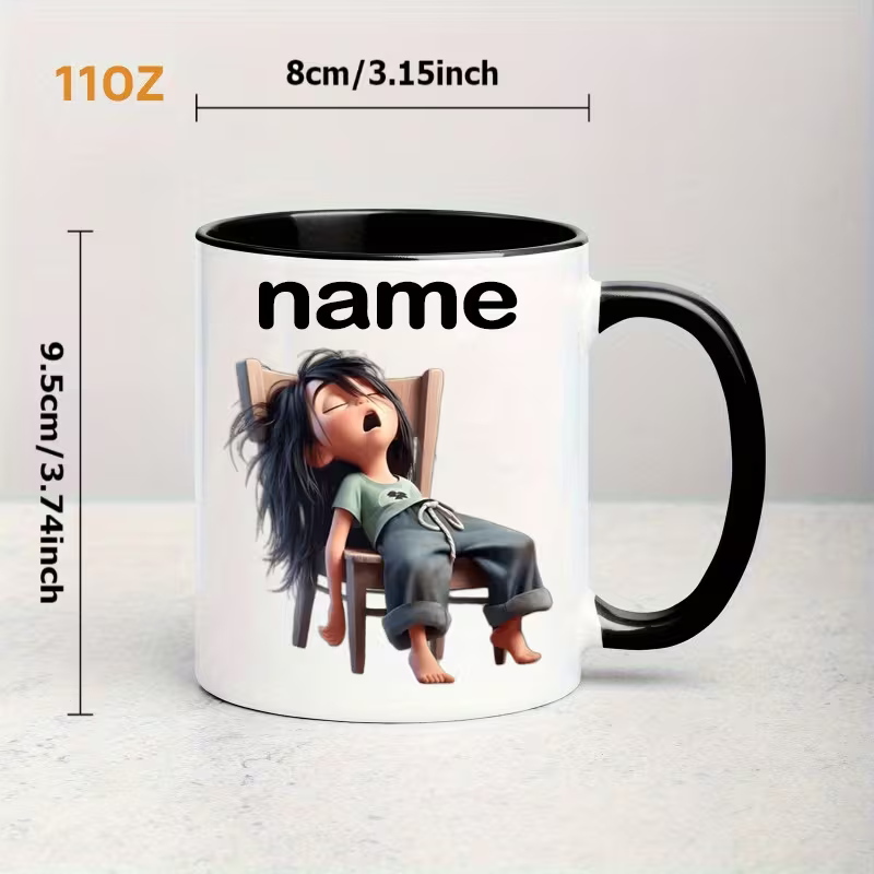 Personalized "Exhausted Sleepy Cartoon Character" Ceramic Coffee Mug – Custom Name Funny Lazy Day, Tired Relatable Humor & Novelty Cup (M1174)