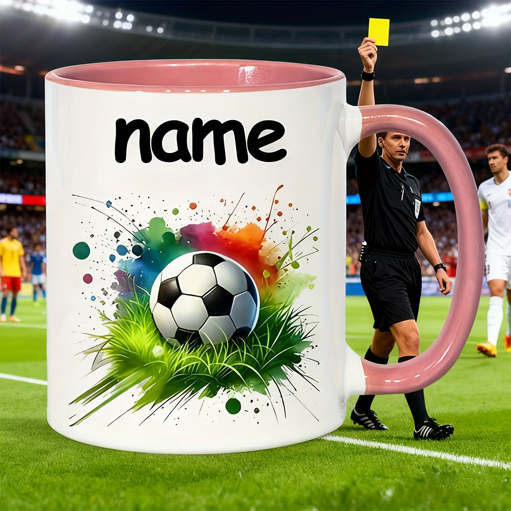 Personalized "Soccer Splash" Ceramic Coffee Mug – Custom Name Football & Sports Novelty Cup with Black Accent (M1118)