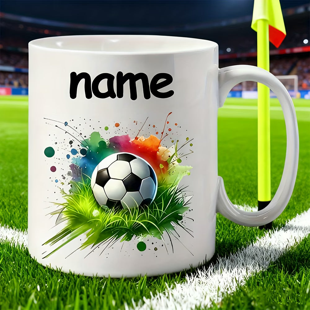 Personalized "Soccer Splash" Ceramic Coffee Mug – Custom Name Football & Sports Novelty Cup with Black Accent (M1118)