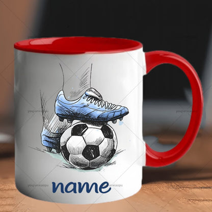 Personalized "Soccer Foot on Ball Sketch" Ceramic Coffee Mug – Custom Name Blue Football & Sports Novelty Cup with Blue Accent (M1140)